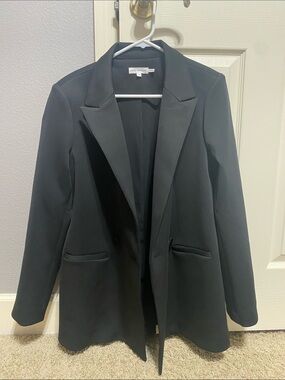 Good American Shiny Black Women's Tailored Double Breasted Long Blazer